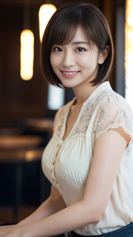 transparent breast patch,no clothes,(8k, best quality, masterpiece:1.2), (realistic, photo-realistic:1.37), ultra-detailed, 1 girl,cute, solo,beautiful detailed sky,detailed cafe,night,sitting,dating,(nose blush),(smile:1.15),(closed mouth) small breasts,beautiful detailed eyes,(collared shirt:1.1), night, wet,business attire, rain,white lace, (short hair:1.2),floating hair NovaFrogStyle,