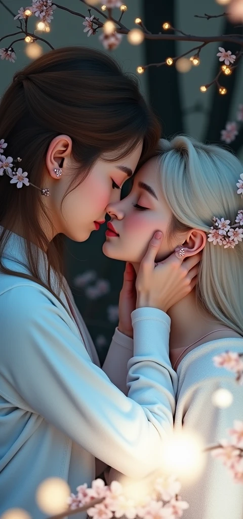 2 girls、In a dream、masterpiece、Super detailed、Starry sky background、cloud、Light and shadow effect movie effect、Colorful、((Lesbian couple))、Looking at each other、Embrace each other、(((In a kiss)))、Ultra high definition、((Ecstatic expression))、Petals Fall、Full moon night、Flowers Bloom、Blurry close-up、Depth of written boundary、Half Body、The couple is a tall curly blonde girl、One has brunette hair, Ponytail and extra long silky hair、Two people in love、form of love、