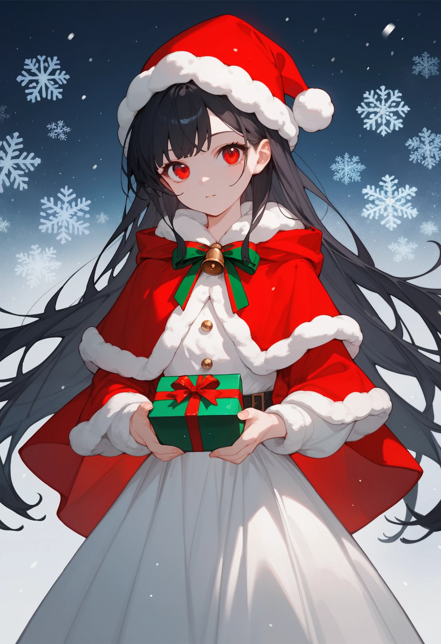 score_9, score_8_up, score_7_up, score_6_up, score_5_up, score_4_up, source_anime, (anime), (front view), 1girl, solo, red eyes, black hair, long hair, wool hat, red sundress, red cloak, pointy ears, holding present box, Christmas theme, snow flakes background