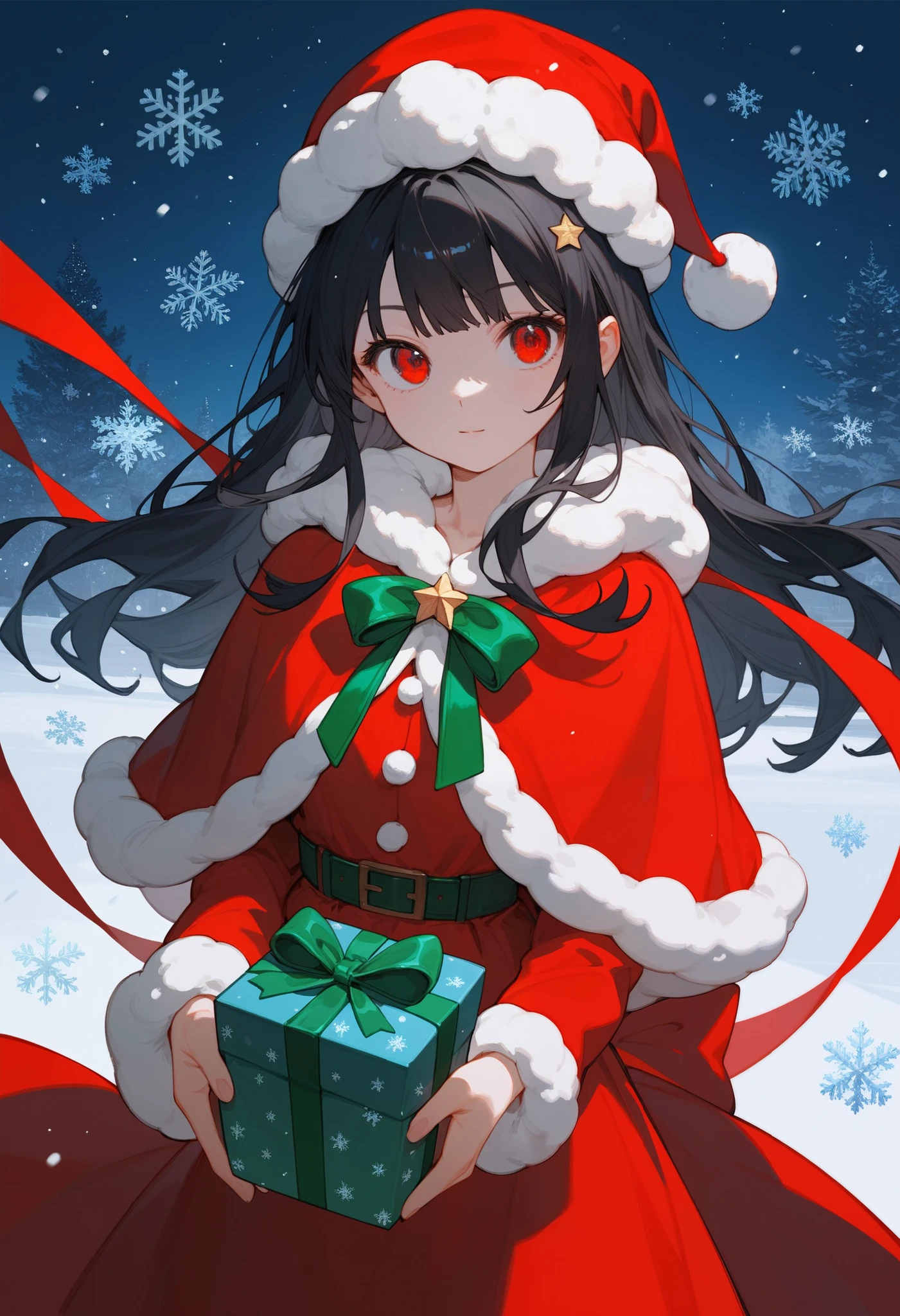 score_9, score_8_up, score_7_up, score_6_up, score_5_up, score_4_up, source_anime, (anime), (front view), 1girl, solo, red eyes, black hair, long hair, wool hat, red sundress, red cloak, pointy ears, holding present box, Christmas theme, snow flakes background