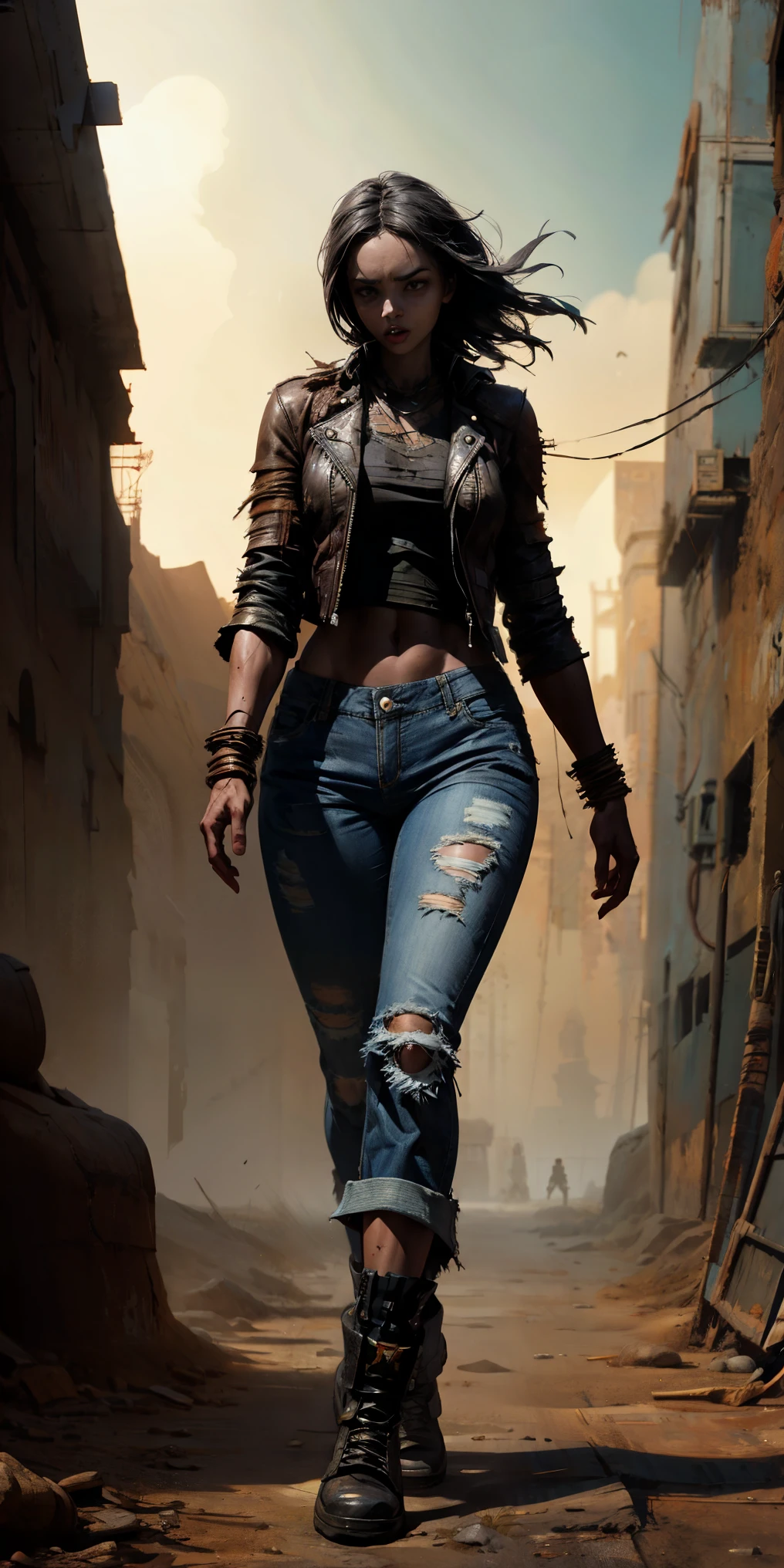 wide shot, full body, Create a post-apocalyptic wasteland with advanced technology, ultra detailed, cinematic, explosive, post-apocalyptic, Mad Max, punk, leather, metal, Dynamic, supreme quality, intricate details, cinematic lighting, metallic surfaces, Best possible quality, 8K Ultra resolution, Stunning illustration, ((beautiful black girl, open leather jacket showing shoulders, ripped and frayed jeans)), epic desert scenery, photorealistic, black skin texture, super masterpiece, super detailed, hyper detailed, night, darkness, 32K