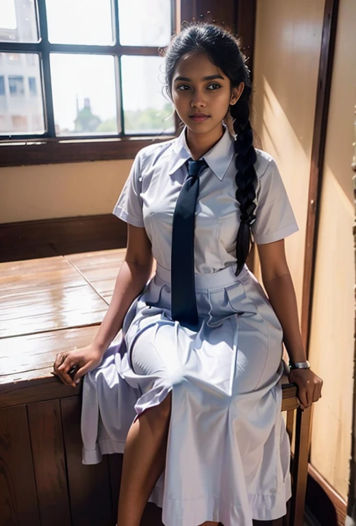Raw photo , 1 girl ,Wearing white frock and color tie, white shoes ,sri lanka girl, with plait , professional photographer, (hdr:1.4), masterpiece, ultra-realistic 8k, perfect artwork, intrincate details, cute face, award winning photograph, (Best quality, 8k, 32k, Masterpiece, UHD:1.3) ,
