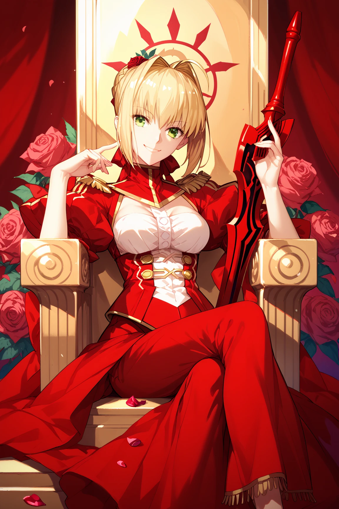 1girl, solo, nero claudius , fate grant order, fate stay night, blonde hair, green eyes, rose petals, sitting on a golden throne, smiling, a red sword in one hand, resting his hand on his chin, 