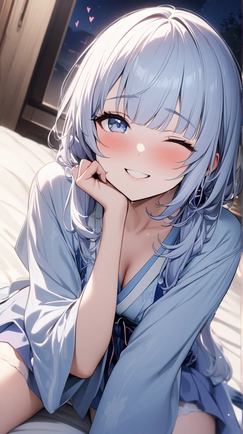 (musterpiece), (best quality), (score_9, score_8_up, score_7_up), very detailed eyes, expressive eyes, perfect face, very detailed face, highly detailed face, beautiful girl, 8K, beautiful girl, (white background:1.3), delicate and beautiful face and eyes, dark intense shadow, 1 girl, solo, vtuber style, cool girl, hololive, vtuber, amane kanata, multicolored hair, grey hair, short hair, purple eyes, messy kimono, off the shoulders, Healthy slim body, flat chest, soft chest, cleavage, clavicle, cameltoe, hiny Oiled Skin, half-closed eyes, wet hair, wet body, ass visible through thighs, (whole body), drinking sake, sitting, look up, smile, blush, tipsy, from below, pov chest,