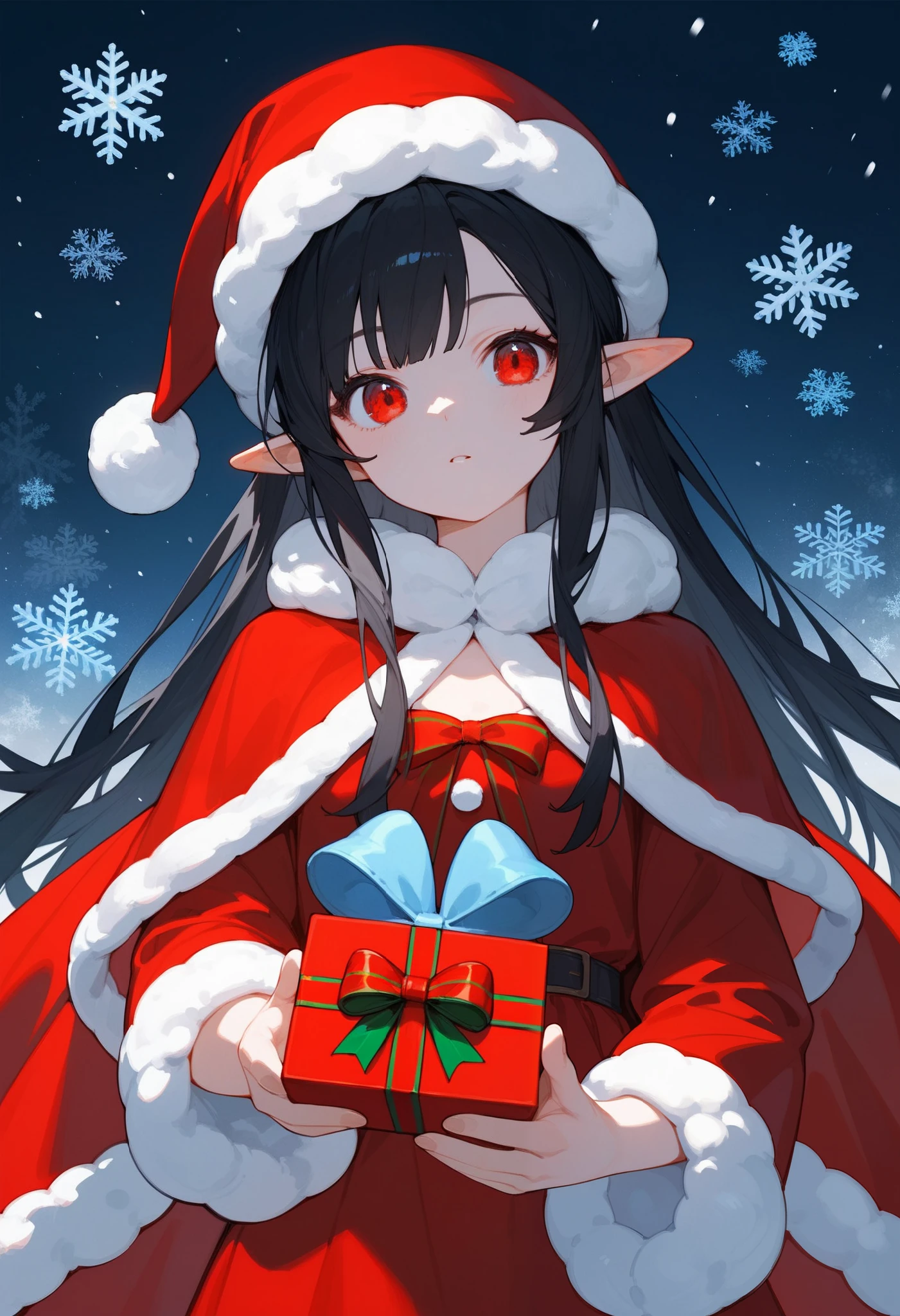 score_9, score_8_up, score_7_up, score_6_up, score_5_up, score_4_up, source_anime, (anime), (front view), 1girl, solo, red eyes, black hair, long hair, wool hat, red sundress, red cloak, pointy ears, holding present box, Christmas theme, snow flakes background