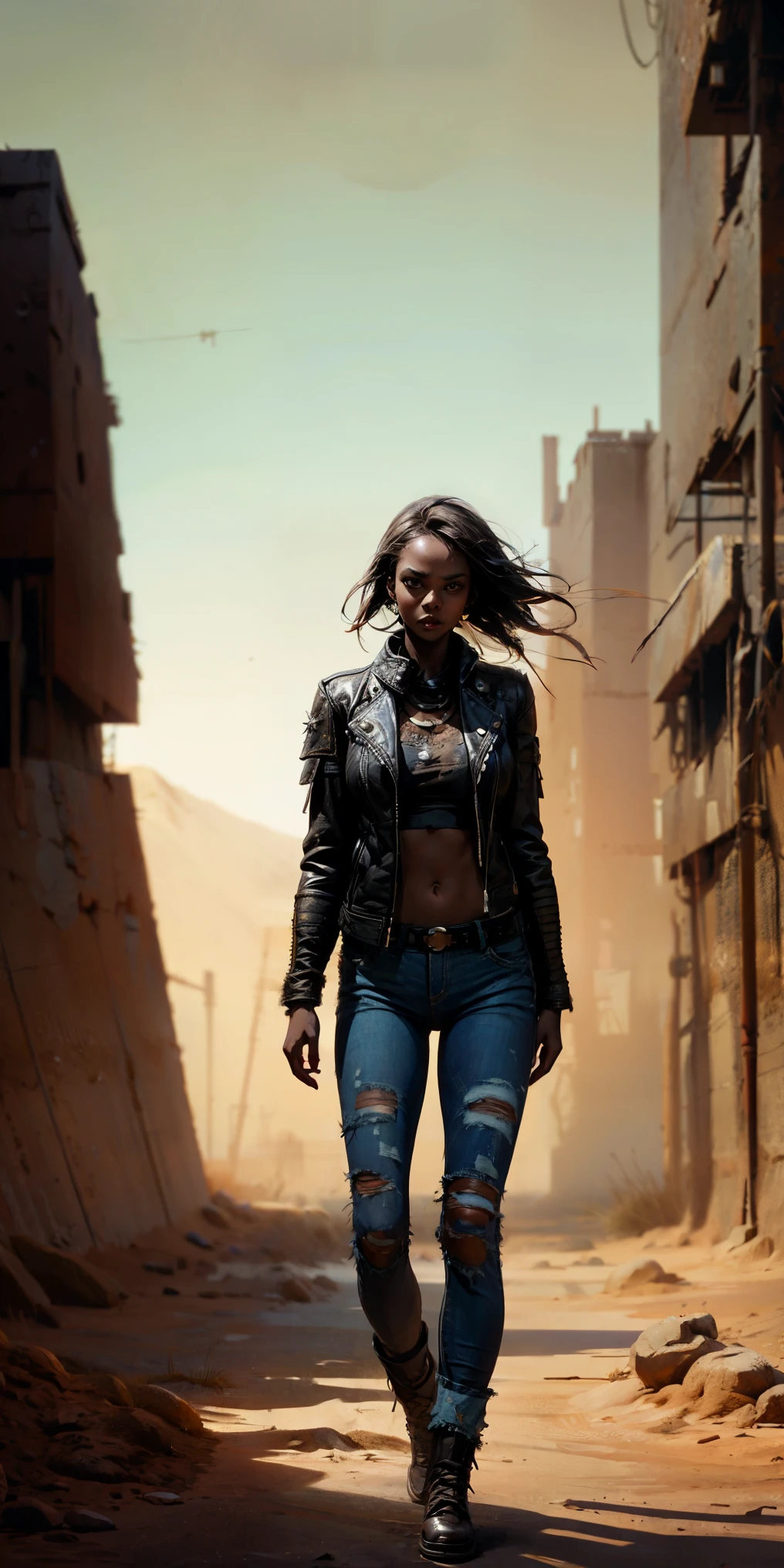 wide shot, full body, Create a post-apocalyptic wasteland with advanced technology, ultra detailed, cinematic, explosive, post-apocalyptic, Mad Max, punk, leather, metal, Dynamic, supreme quality, intricate details, cinematic lighting, metallic surfaces, Best possible quality, 8K Ultra resolution, Stunning illustration, ((beautiful black girl, open leather jacket showing shoulders, ripped and frayed jeans)), epic desert scenery, photorealistic, black skin texture, super masterpiece, super detailed, hyper detailed, night, darkness, 32K