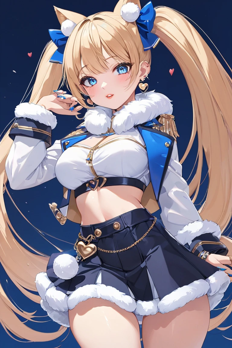 (masterpiece, best quality) detailed,gold accessories , Blonde ,elegant，1girl, blue eyes, two high ponytails, blue,cropped coat with long sleeves, short,blue,tight skirt, two fur balls with elastic bands ,at the top of the ponytails,long nails,rings,bracelets,big heart-shaped earrings, gaiters, very cute, full lips, 8k, high detail, clear eyes, professional artist, waist-high,((very long hair))