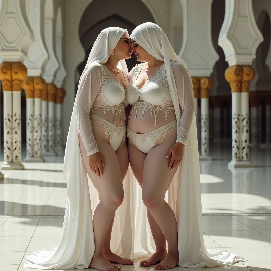 1 femme Arabe, bbw, en lingerie, tres sexy, en hijab, avec des grosses fesses, entrain de nettoyer le sol en carrelage avec une serpillere,