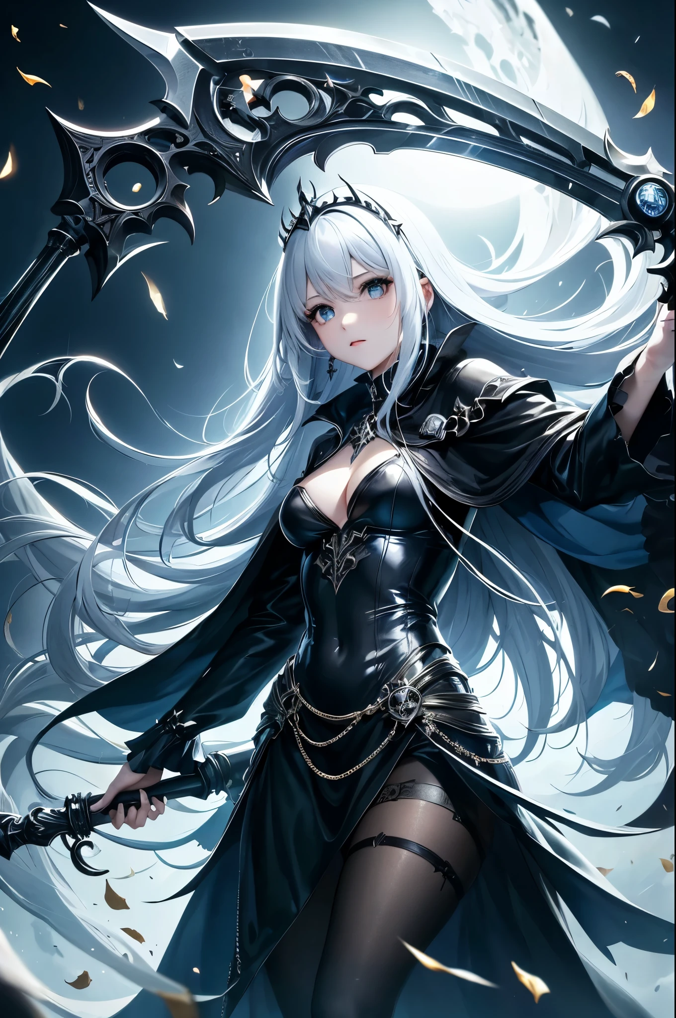 (((highest quality、Masterpiece、Normal body、8k、Detailed face、Ultra-precision、Normal hand、Normal finger、5Finger、Highest)))Beautiful girl with golden and silver hair、Princess、Absolute Being、Twilight Dress、White and black skirt、Shiny Tiara、metal boots、Death Scythe、Game Scythe、grim Reaperの鎌、disaster々New Scythe、disaster々Aura、reap the soul、death penalty、Grim Reaper、grim Reaper、collapsing universe、Dimensional Destruction、The End of the Galaxy、Combat Ready、Death Scytheを振りかぶる、He lowers his waist, holds the scythe in both hands and swings it over his shoulder.、Brace your feet and put your hips in. face:sweet girl