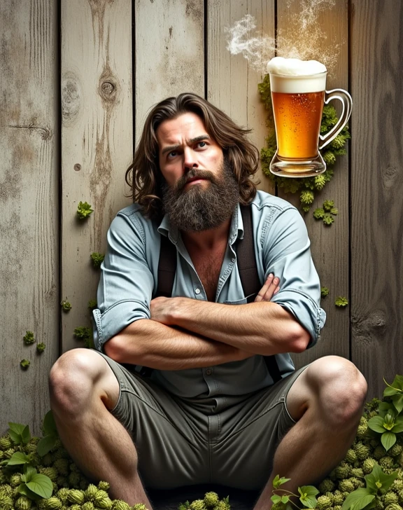 a lazy man with a beard made of pop corn and drinking beer in front of the tv. Messy flat, RAW photo, full sharp, (FullHD epic wallpaper) 8k uhd, dslr, soft lighting, high quality, film grain, Fujifilm XT3