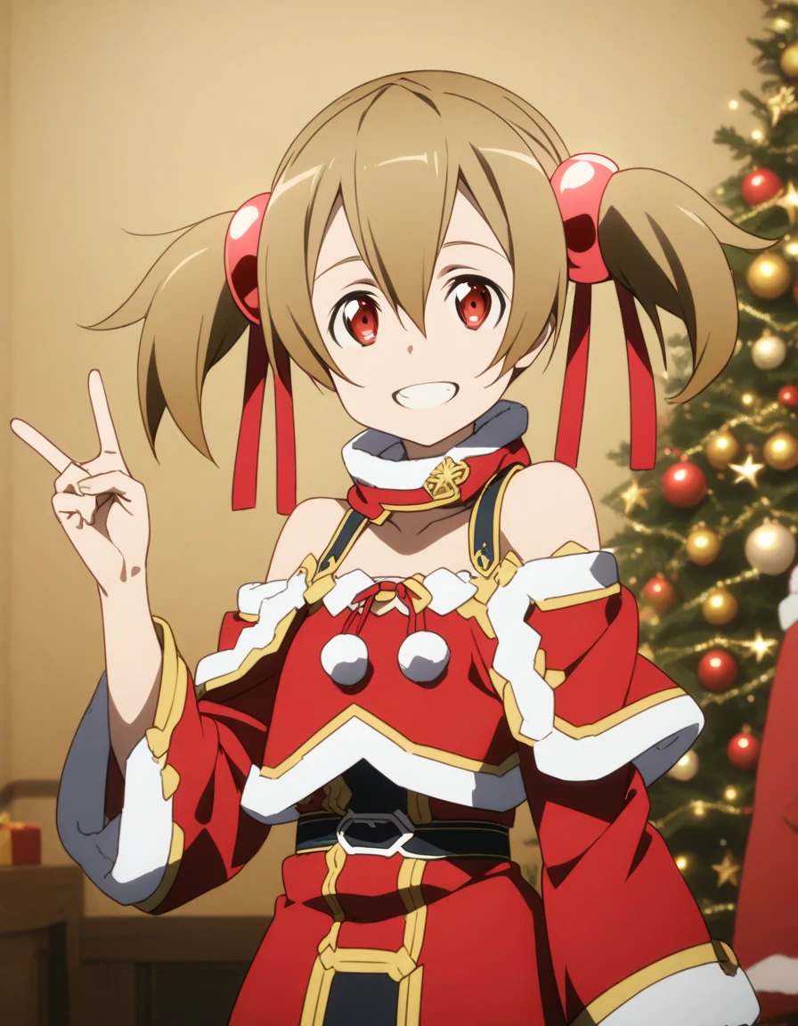 Silica, sword art online,  short hair, smile, greeting with  "peace" (2 fingers raised),  Christmas costume , happy.