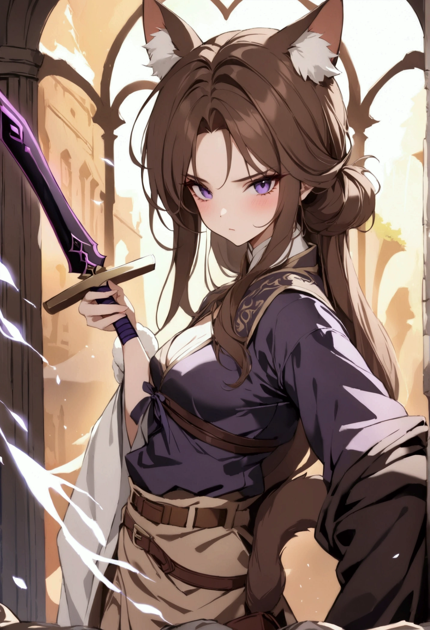 (1girl, Masterpiece, best quality, beautiful) A young cat-woman female with (long length brown hair). brown cat ears with white fur. Neutral, sligthly serious expression. medieval-style fancy colors dark brown, purple and white outfit. She has purple eyes. She has a brown belt cinched around her waist. She wears brown pants. (holding straight purple sword)
