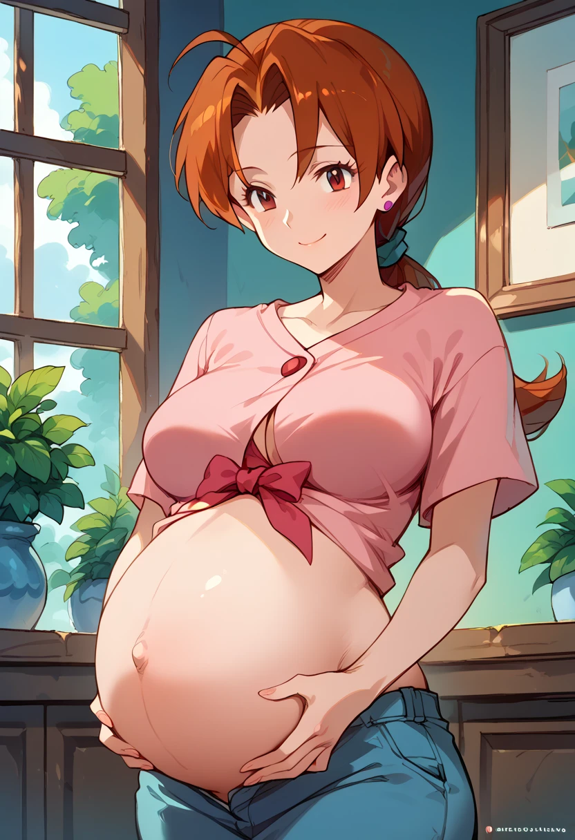 masterpiece, high definition , top quality,8k
(Delia Ketchum,mature woman,Brown Hair, Brown Eyes )(Pregnant belly)(smile,Hold your stomach)