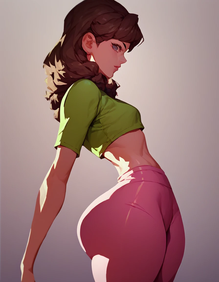 score_9, score_8_up, score_7_up, score_6_up, 1girl, brown hair, from side, 
crop top, leggings, profile, looking at viewer, 
((apoiada)), na mesa, ((thick thigh))