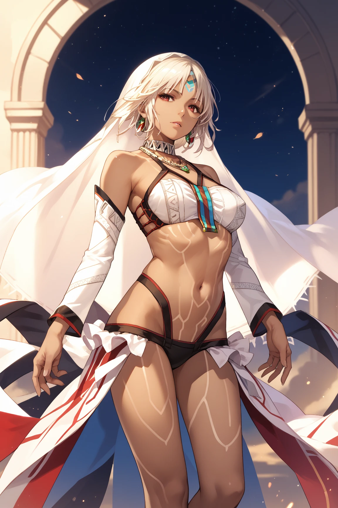 ( masterpiece ,  top quality :1.2),  cowboy shot, One,  1girl, Altera ,  dark skin ,  black woman, full-body tattoo,  dispassionate facial expression,  looks at the viewer , warm up, veil,  detached sleeves , necklace,  bare shoulders ,  life , navel