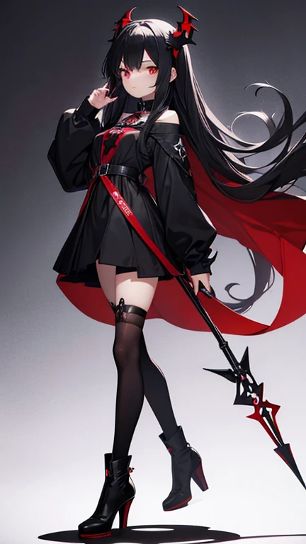 Anime teenage girl, long leg, girl from hell, in hand a hell scythe with eyes, black beautiful hair, hell black red dress, wearing pentagram and rune signs, high heeled boots, short dress, red eyes, beautiful facial features, spades and points on clothes solid black background, at full height side body, full human size, so you can see the whole body and legs, with long legs, from the side of the body visible, full-length, to see legs completely, wide eyes, big eyes