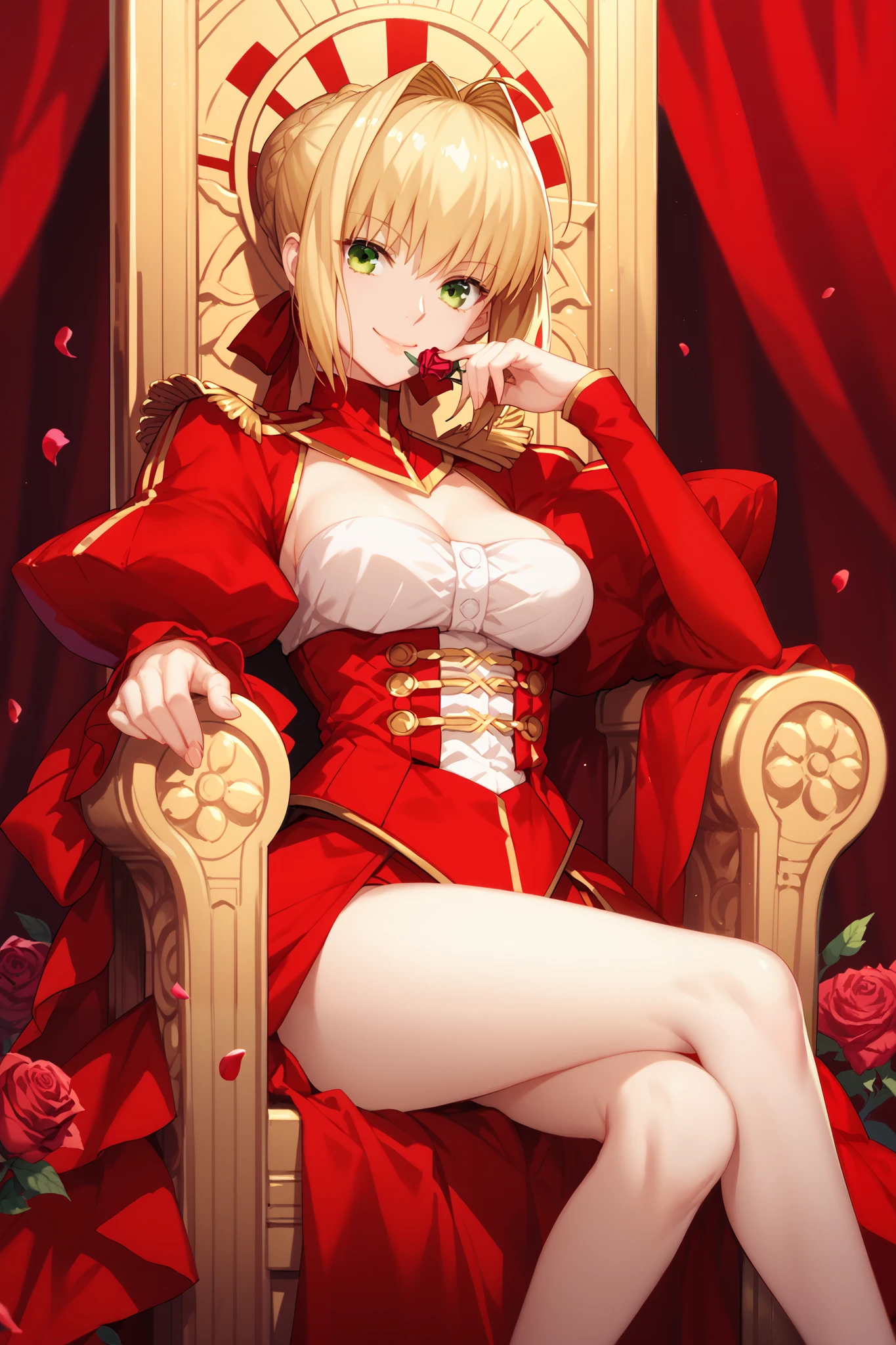 1girl, solo, nero claudius , fate grant order, fate stay night, blonde hair, green eyes, rose petals, sitting on a golden throne, smiling, a red sword in one hand, resting his hand on his chin, 