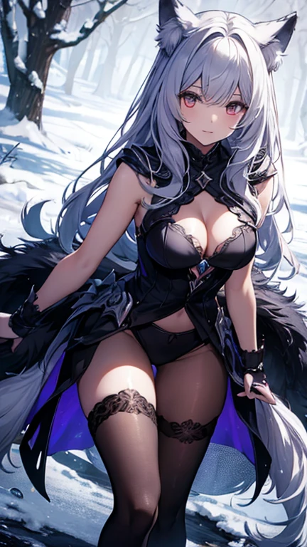 4k,High resolution,One Woman,White purple hair,long hair,Braid,Blue Eyes,Big Breasts,knight,High leg leotard,Bite,Knight's Armor,Black tights,Boots,Long sword,in the forest