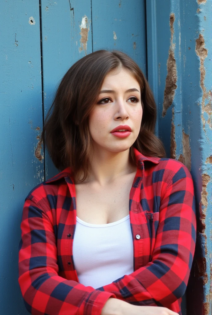 An image of Chrissy with fair skin and natural, wavy hair styled in soft curls around her face. She has defined eyebrows and brown-colored eyes that draw attention. She's dressed in a red and navy plaid shirt with the top unbuttoned to show a white undershirt, and the sleeves rolled up to the forearms. The woman is casually leaning against a weathered blue door frame with peeling paint, adding a rustic charm to the scene. Her arms are crossed or resting in front of her, and she has a soft, contemplative expression on her face.
