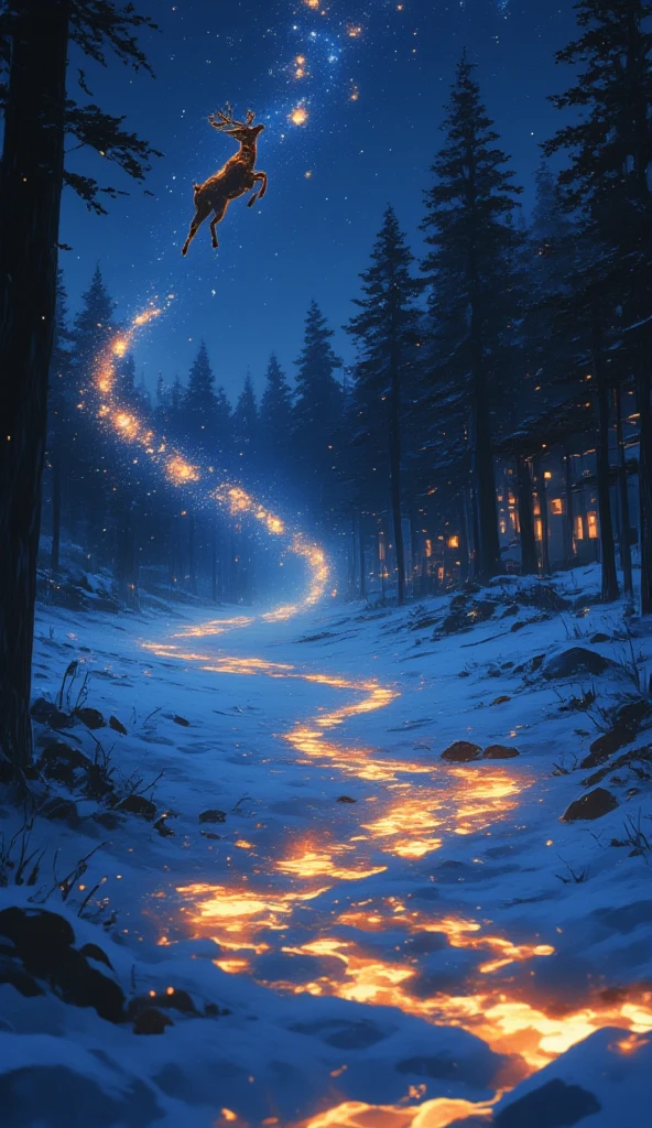 An anime illustration of a footprint trail left by a reindeer. The camera focuses on the footprint trail. Further away, a reindeer with its back facing the camera, jumping high off the ground into the night sky, leaving magic trail on the ground. bokeh effect, with focus on the footprints.