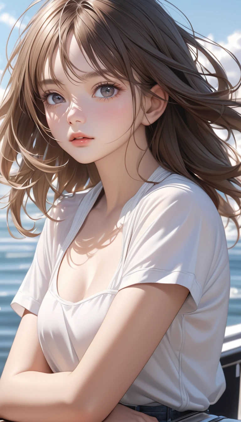A girl wearing only a white T-shirt, naked.、Erect nipples、No underwear on、((Small Bust))、I can see your ass、Sitting