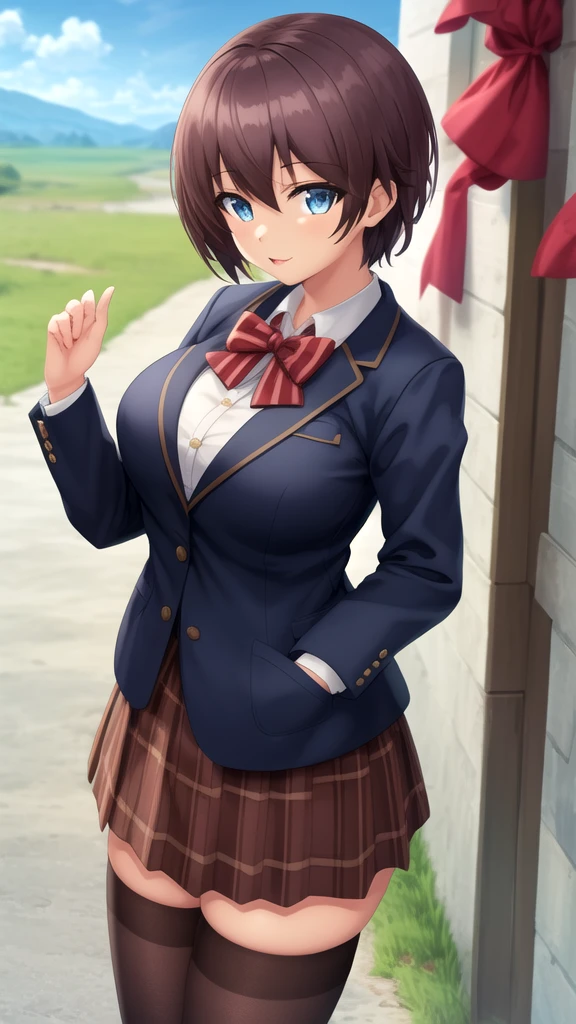 masterpiece, best quality, high quality, girl, solo, looking at viewer, noir_stalgia, brown hair, blue eyes, large breasts, Red bow, striped bow, blazer, blue jacket, long sleeves, plaid skirt, brown skirt, black thighhighs, outdoors, cowboy shot, standing, looking at viewer,