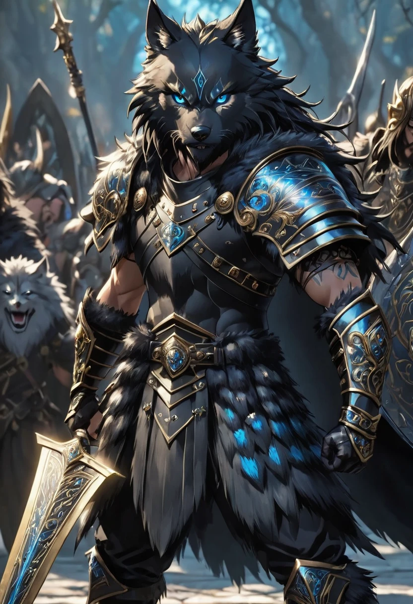 anime, solarum, cinematic shot, best quality, masterpiece, (masterpiece, best quality, ultra detailed, best shadow), (detailed background, dark fantasy), (detailed head), best quality, wolf ears, human face, cinematic lighting, darkness, group character, beard, gold ornaments chains earrings, old warrior caucasic shiny gold and black magic armor, black belt, black belt, scars, focused, magic background, strong, ready for battle, magic, male, battle stance, warrior stance, muscular, skinny, blue eyes, standing, ancient warrior, canine features, lots of body hair and scars, large hands, by Tim Burton Films. in combat to the death. (Medieval) (black magic sword in the right hand, big shield (((卐))) in the left hand golden))