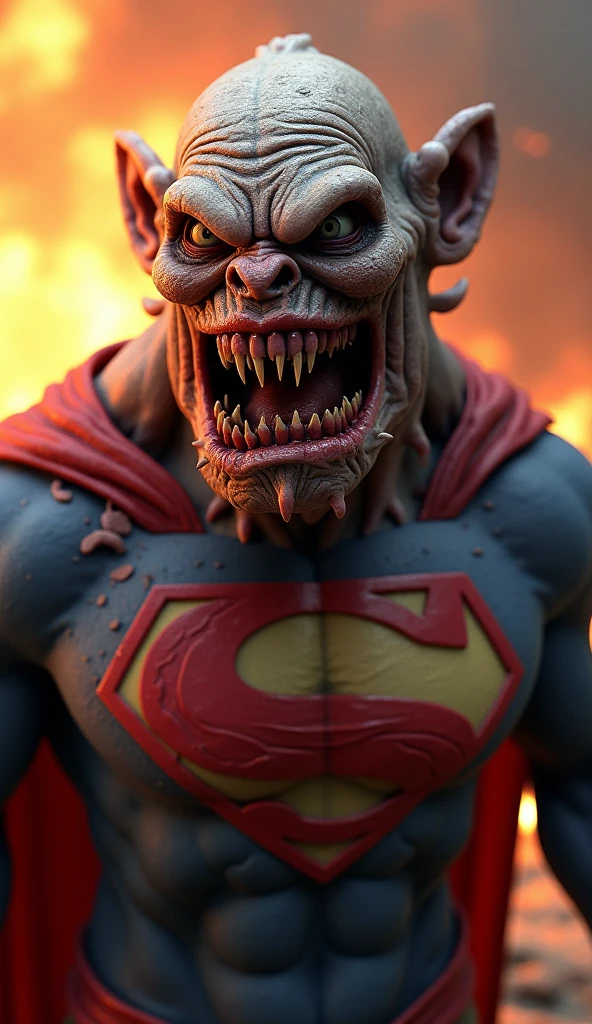 <lora:grossup:0.8> grossup, closeup, superman, weird face, big eyes, grotesque caricature,  fat, smiling , chest hair, zombie