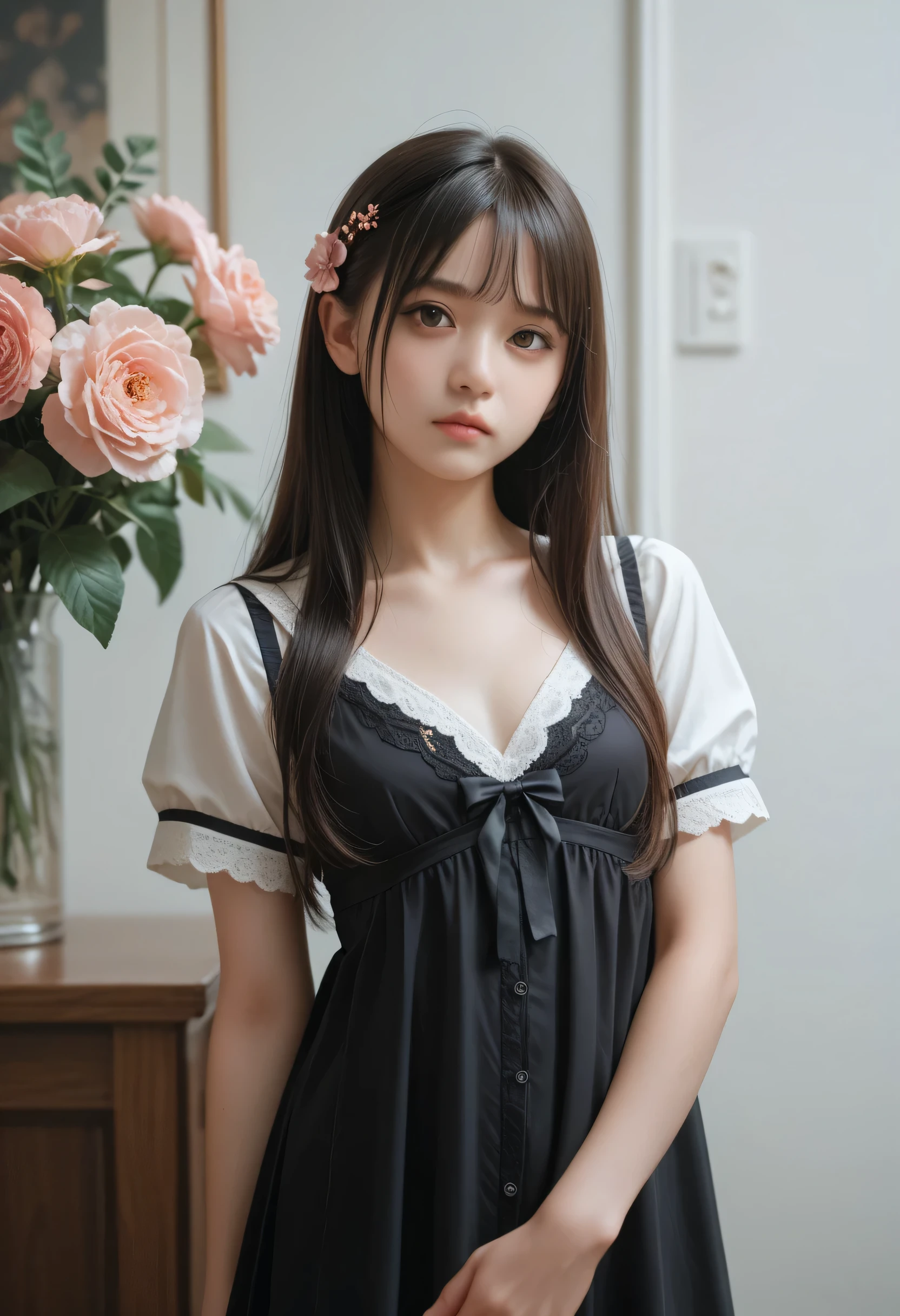 (masterpiece), (best quality),beautiful young girl, long hair, pinkish-white skin, thai junior high school uniform, perfect body, black nightgown, robot_arm
Flower_background
Standing_pose, character_name, realistic