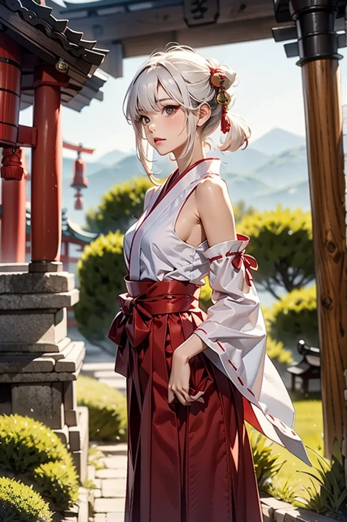   masterpiece on penis ,  top quality,  1 girl ,  white-haired,  medium chest , Shrine maiden, white Shrine maiden clothing、Red Hakama,  separation sleeve,  exposed shoulders flipping through cloth,  magazine model pose, Ruins, from side
