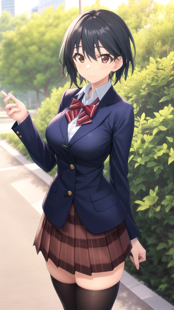 masterpiece, best quality, high quality, girl, solo, looking at viewer, ichika_orimura, black hair, brown eyes, large breasts, Red bow, striped bow, blazer, blue jacket, long sleeves, plaid skirt, brown skirt, black thighhighs, outdoors, cowboy shot, standing, looking at viewer,