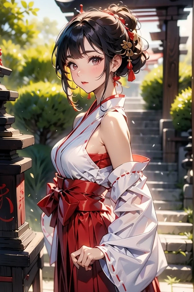 masterpiece, best quality, 1girl, white hair, medium breasts, Shrine maiden, white Shrine maiden clothing、red hakama, Separated sleeves, Exposed shoulders, Magazine model poses, ruins, from side
