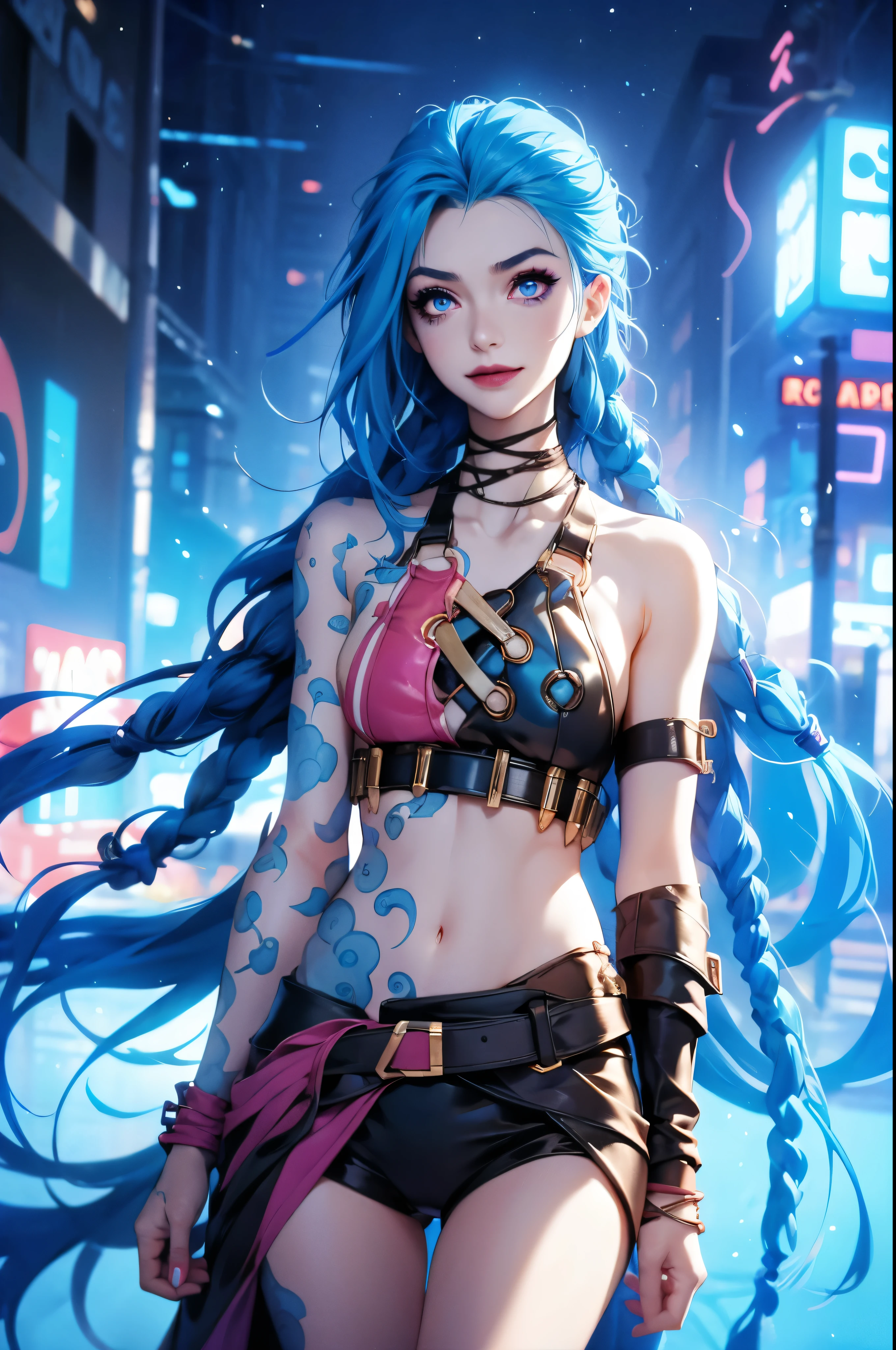 A slender, athletic character approximately 1.65m tall with short, shiny blue hair featuring loose strands and braids. Light blue eyes radiate a manic gleam. She wears tattered, colorful clothing with chaotic patterns, emphasizing her wide hips and often exposing her underarms. A wild, crazy smile adorns her face. Set against a neon city backdrop, her look exudes chaos and energy.