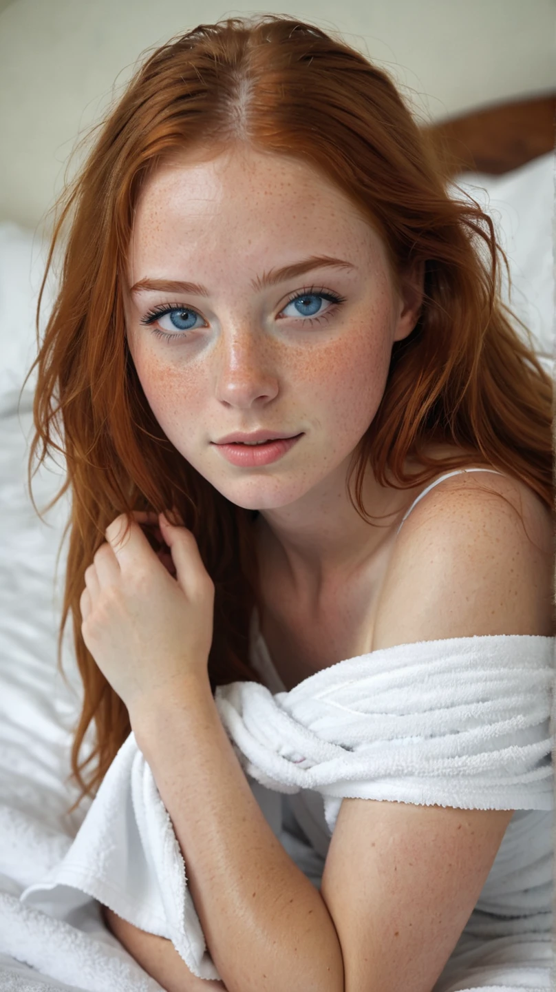 1girl in, age19, Solo, Aesthetic artwork, irish redhead, curly ginger hair, shoulder length ginger hair, gray eyes, light grey eyes, some small freckles, pale skin, A-cup, small breasts, runners body, detailed skin texture, laying down, laying in bed, lying on back, lying down across bed, (extremely detailed 8k wallpaper), soft lighting, high quality, film grain, Fujifilm XT3 sharp focus, f 5.6, 50mm, High Detail, Sharp focus,(natural light), in a light colored dress. A white sundress, floral pattern sundress, crazy details, complex details, hyperdetailed