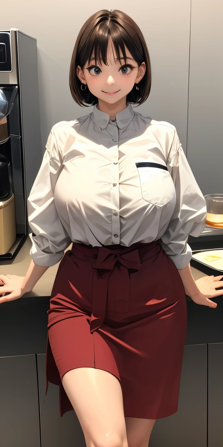 (((gigantic braests:1.2)))、((tight waist))、 (Open Cafe、Cafe staff)、Earrings、(Cafe uniform:1.5)、short hair、They hesitate,、Wet Hair,  Underarm,, (High color saturation:1.0),  (Very detailed肌), (Please redeem:1.0), (Ultra-high resolution:1.0) ,(Realistic:1.0), (Very detailed:1.0), (8k, RAW Photos:1.1)、Center of chest、Spread your legs、(Front View)、Brown Hair、slender、Serving customers