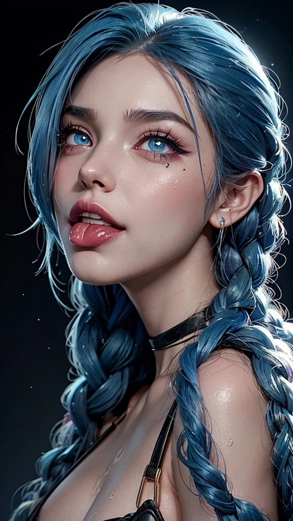  jinx from Arcane , Arte oficial, sexy anime girl, a detailed painting, super flat ,  Photorealistic image,  surreal ,  lighting  , 32k, 1 person, Look up, backlight, (bright light: 1,2), (Improving quality: 1,4), ( Highest quality realistic textured skin: 1,4),  detailed eyes,  Detailed face,  Braided blue hair and blue eyes , Pussy, cowgirl,  From below, sweat, wet, ( Enhance the beauty of the skin texture : 1,1), Matte texture, blush, Open your mouth, ahegao, Tears,  sticking out the tongue , Drops of semen , saliva,  Saliva trail ,  half-open lips ,  Captivating smile , ahegao