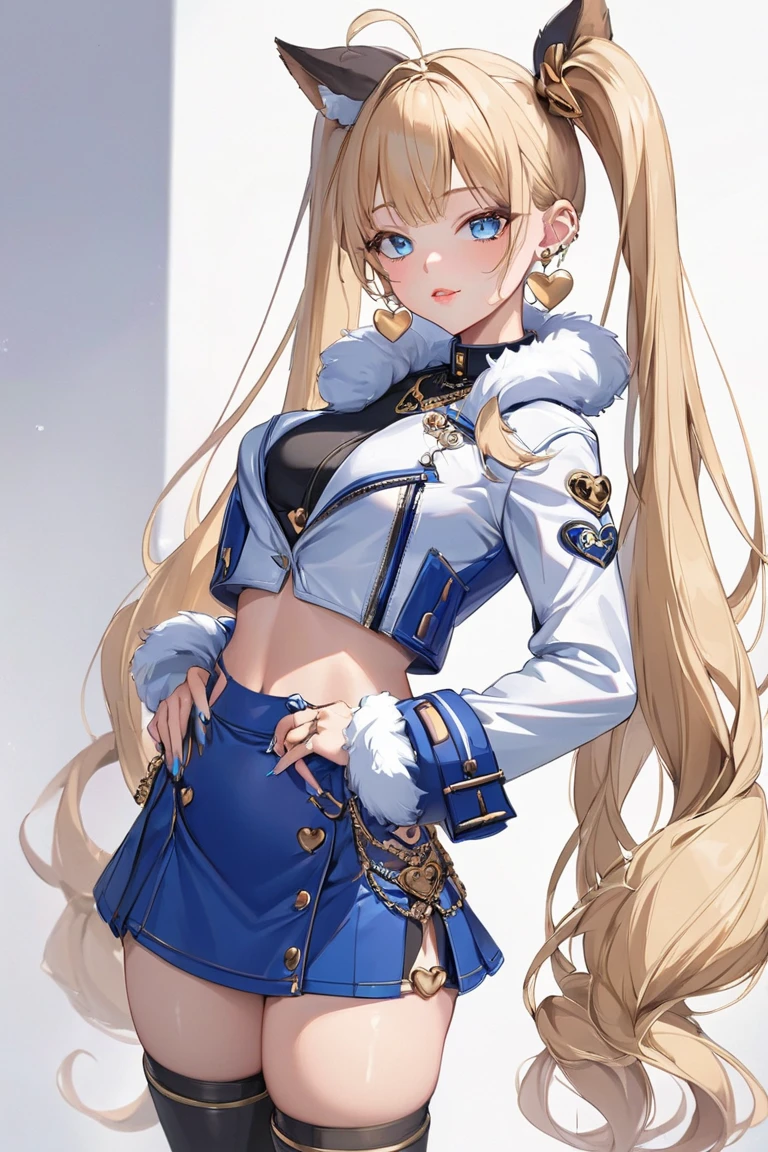 (masterpiece, best quality) detailed,gold accessories , Blonde ,elegant，1girl, blue eyes, two high ponytails, blue,cropped coat with long sleeves, short,blue,tight skirt, two fur balls with elastic bands ,at the top of the ponytails,long nails,rings,bracelets,big heart-shaped earrings, gaiters, very cute, full lips, 8k, high detail, clear eyes, professional artist, waist-high,((very long hair))