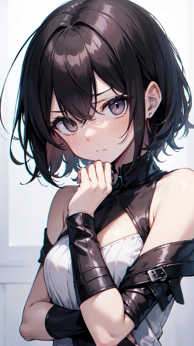 (high-quality, breathtaking),(expressive eyes, perfect face) portrait, Symmetrical Eyes, nier_artstyle, 1girl, masked, dark black brown hair, long hair, stylized hairstyle, black boots, black short, black gloves, sword, black shirt, black dress, short dress, black gloves, feather trim, juliet sleeves, puffy sleeves, blindfold
