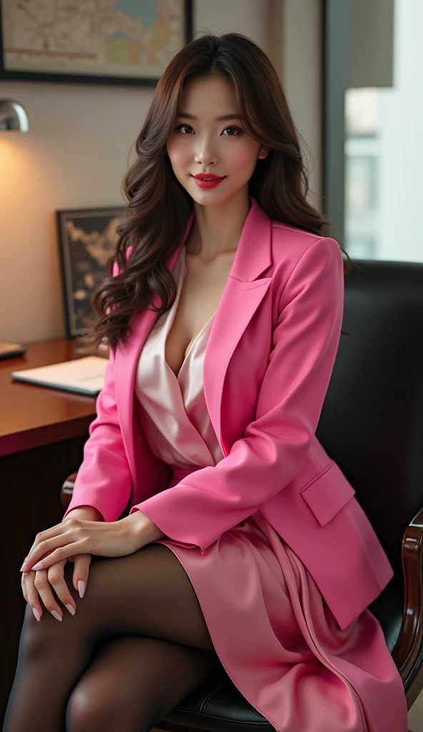 A woman in a pink dress sits on a chair, woman in suit, Wear tight clothing., young woman in a suit, Gorgeous Chinese model, in business attire, The jacket opened up to generous cleavage., โดยWear a business suit, cute woman, strict suit, Wear a business suit, good girl, beautiful asian girl, elegant suit, Wearing a light pink suit