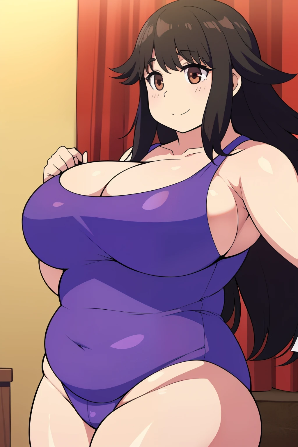 Chubby girl with big breasts black hair brown eyes happy long messy hair smiling Jinako Carigiri Leotard violet