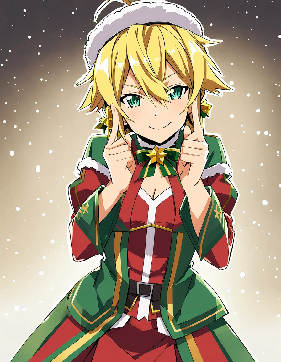 Sinon wearing Christmas outfit , wink,  fingers like a gun facing forward, happy. 