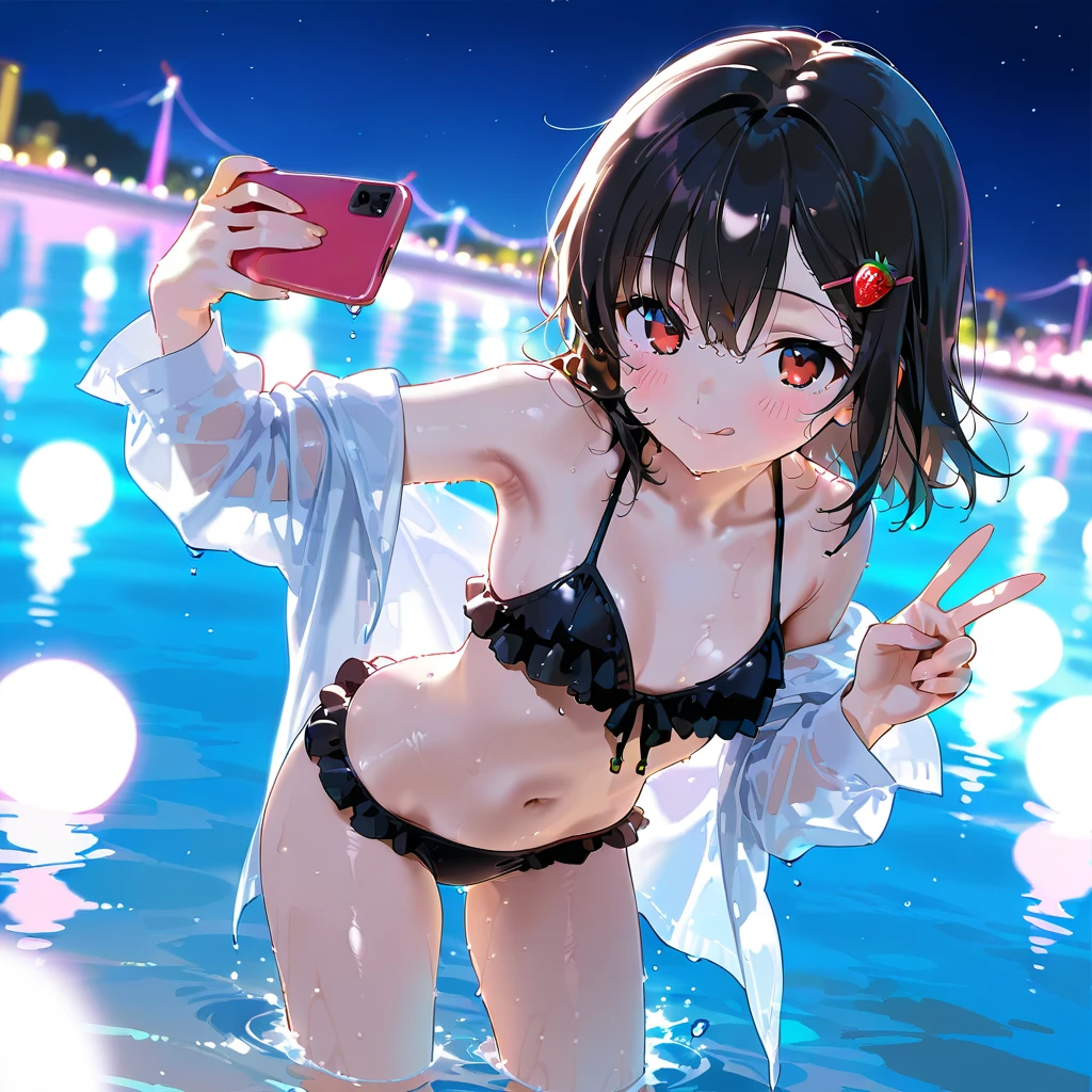 NSFW, ((highest quality, 4k, masterpiece: 1.3)), (1 person: 1.4), ((selfie: 1.9)),((smartphone)),((Japanese open-air bath)),((Japan Forest: 1.6)),((midnight:1.5)),((Bathing in the hot springs of Japan)),((very spacious bathtub:1.5)),((Sitting in the bathtub:1.5)),((I'Iはお腹までお湯に浸かった:1.5)), ((full )),((Facing the sky: 1.5)),((starry skyを見上げて: 1.8)),((looking far away: 1.8)),((look up: 1.8)),((looking at something else: 1.8)), ((wet skin)), ((Sweat)),((full nude((Completely naked)),gle of incitement)), ((center of screen)),Big eyes, An excited smile with surprise and emotion, 1 personの女の子, ((starry sky)), ((Sparkling Star々)), ((smooth short bob)), ((glossy black hair)), beautiful big breasts, upward facing breasts)), ((small areolapanese woman, 13 yd gravure photo, high contrre F1.2, Focal length 35mm, (from the base of the foot up: 1.2),Low - Angle,(shot from below), light brown eyes