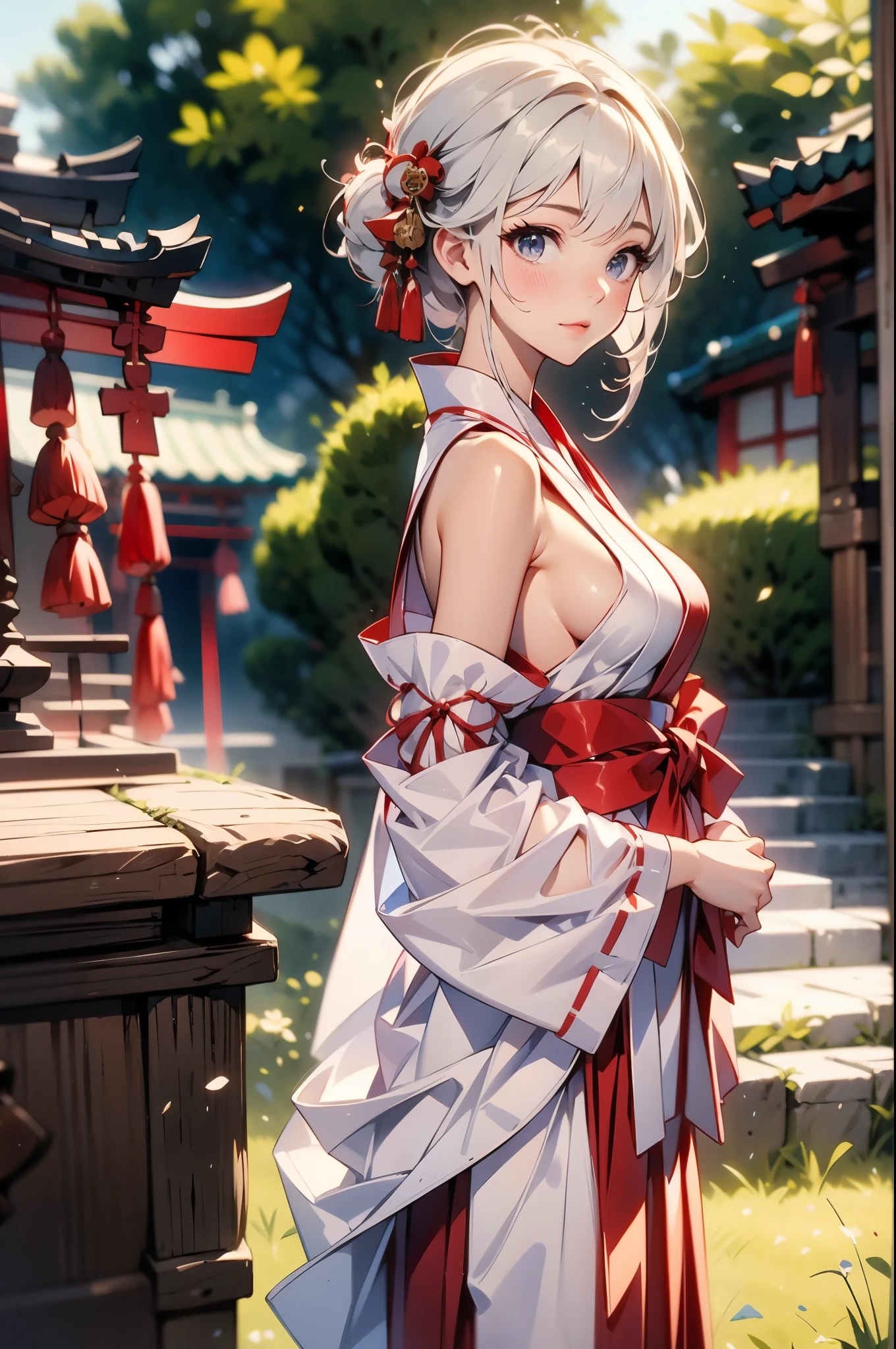 masterpiece, best quality, 1girl, white hair, medium breasts, Shrine maiden, white Shrine maiden clothing、red hakama, Separated sleeves, Exposed shoulders, have a broom, ruins, from side