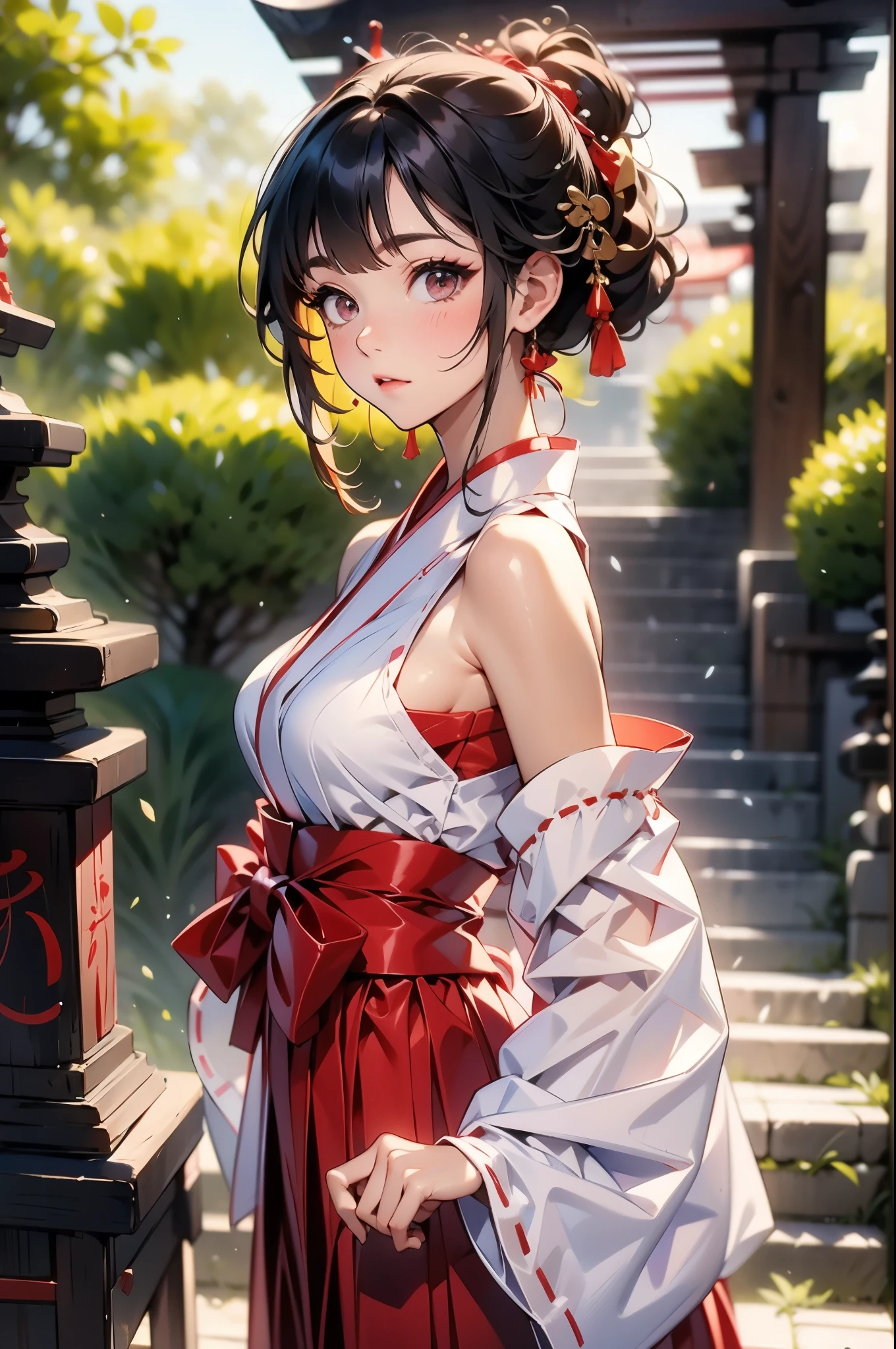 masterpiece, best quality, 1girl, white hair, medium breasts, Shrine maiden, white Shrine maiden clothing、red hakama, Separated sleeves, Exposed shoulders, Magazine model poses, ruins, from side
