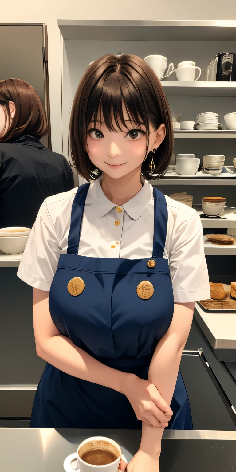 (((gigantic braests:1.2)))、((tight waist))、 (Open Cafe、Cafe staff)、Earrings、(Cafe uniform:1.5)、short hair、tray and coffee 、They hesitate,、Wet Hair,  Underarm,, (High color saturation:1.0),  (Very detailed肌), (Please redeem:1.0), (Ultra-high resolution:1.0) ,(Realistic:1.0), (Very detailed:1.0), (8k, RAW Photos:1.1)、Center of chest、Spread your legs、(Front View)、Brown Hair、slender、Serving customers