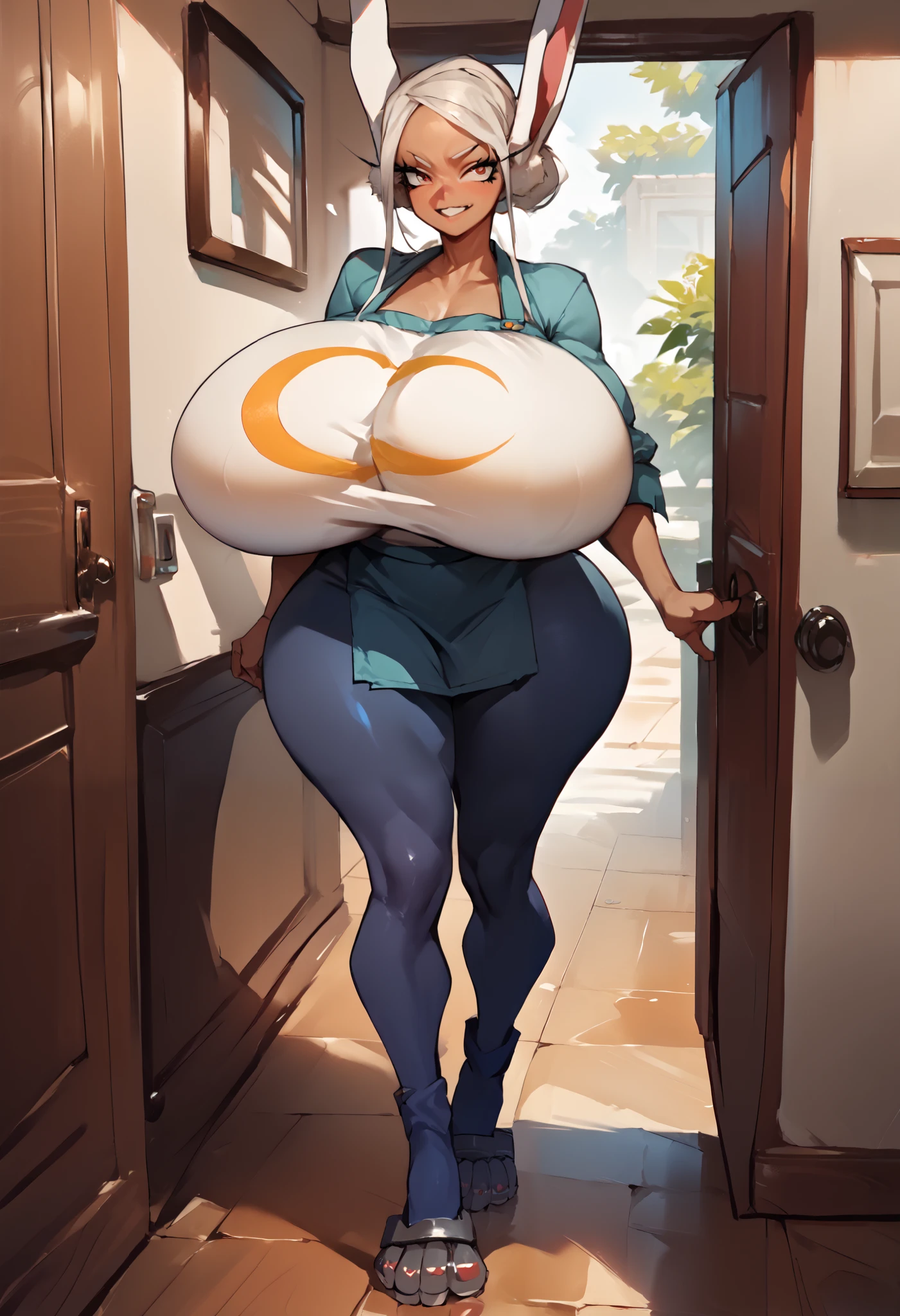 score_9, score_8_up, score_7_up, score_6_up, score_5_up, score_4_up, (source_anime),  (((1gi))), hyper breasts, hyper ass, apron, mirko, standing in front door