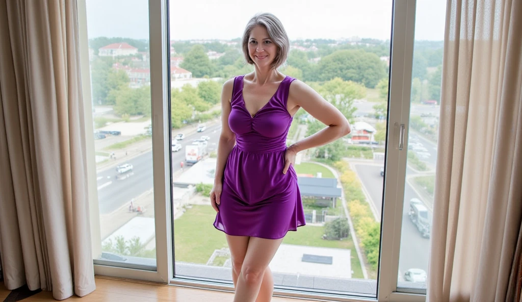 Mature woman, seventy years old, short gray hair, huge breasts, thin waist, flat belly, slim, very wide hips, big butt, short purple satin dress, in a window, bare feet on the floor, A full-length portrait of a confident person in front of a softly blurred background. Photographed with a 50mm lens at f/2.8, ISO 200 and a shutter speed of 1/250s, ensuring that the person is fully in focus while the distant background has a soft bokeh effect. The scene is naturally lit, emphasizing the details of the subject.