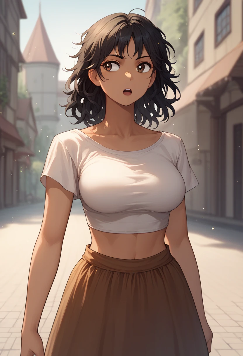 masterpiece,best quality,amazing quality,outdoors,depth of field,blurry background,light particles, solo, girlnao, medium hair,,brown eyes,large breasts,looking away,loose hair,confident, open mouth, black hair , indian , dark skin , jewelery , medieval city , , cowboy shot , crop top , long skirt
