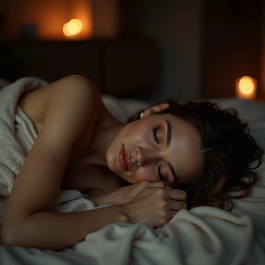 garota deitada na cama ouvindo musica, a noite entrando raios de lua pela janela a noite