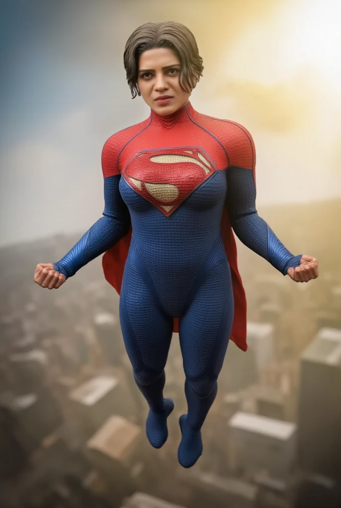 busty supergirl, superhero, beautiful detailed eyes, beautiful detailed lips, extremely detailed face and body, long eyelashes, blonde hair, heroic pose, tight bodysuit, flying, cityscape background, sun rays, cinematic lighting, dramatic atmosphere, photorealistic, 8k, ultra-detailed, (best quality:1.2), (realistic:1.37), concept art